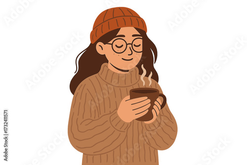 Woman enjoying hot coffee. Girl in cozy sweater with cup of tea. Concept of autumn, winter, comfort, and hygge. Warm relaxing moment. Cute cartoon character vector illustration.
