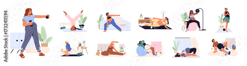 Pregnant girls are training set. Expectant mothers do sport, stretch and do gymnastic exercises at workout. Pilates for women at pregnancy. Flat isolated vector illustrations on white background.