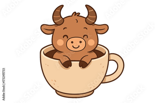 Cute cartoon bull sitting in a coffee cup. Adorable kawaii baby ox character in a tea mug. Cozy animal mascot for greeting card design. Vector flat hand drawn taurus zodiac symbol.