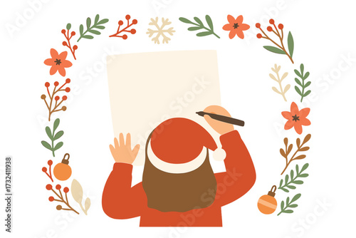 Girl writing a letter to Santa Claus for Christmas. Top view of a child's holiday wish list with festive floral frame. Xmas concept with copy space for text. Flat vector illustration.