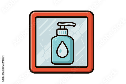 Hand sanitizer in emergency box. Break glass for hygiene. Disinfectant gel for hand washing. Pandemic virus protection concept. Health safety, cleanliness, disinfection.