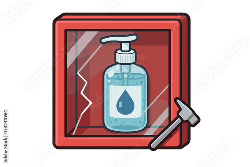 Emergency box with hand sanitizer dispenser and hammer. Break glass for hygiene concept. Disinfection for safety and protection from virus, germs, bacteria. Pandemic health crisis.