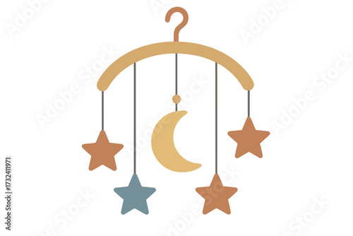 Scandinavian hanging baby mobile for crib. Newborn toy with stars and moon. Boho nursery decoration element. Vector flat illustration of a celestial night sky for baby shower.