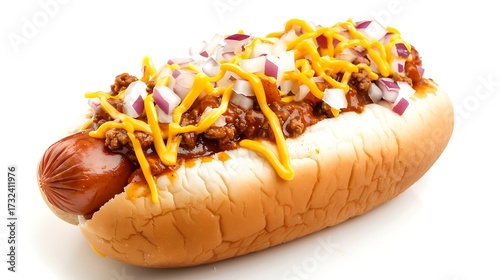 A close up shot of a hot dog with chili, cheese and onions on a white background in a studio shot
