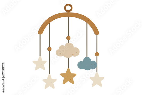 Scandinavian hanging baby mobile for crib with stars and clouds. Newborn nursery decoration. Boho style vector illustration. Isolated flat design element for baby shower.