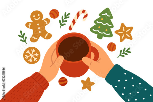 Christmas card concept with hands holding a coffee cup. Winter holiday flat lay with gingerbread man, candy cane, star cookies, and tree. Cozy friendship or couple celebration scene.