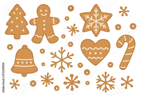 Gingerbread cookie set for Christmas and New Year. Hand-drawn vector illustration collection with gingerbread man, tree, star, heart, candy cane, bell, and snowflakes icons.