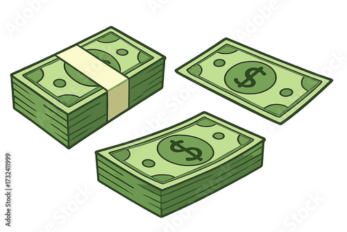Set of cartoon money stacks. Vector illustration of green dollar bills. Cash bundle, banknote pack, and single bill isolated. Finance, wealth, and currency concept graphic.