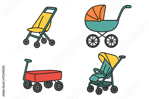 Set of childish hand drawn colorful strollers. Buggy, baby carriage, child wagon, infant transport. Newborn or toddler go-cart for comfortable walking. Vector icon collection.