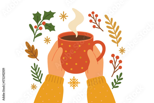 Hands holding a hot drink in a red mug. Christmas and New Year greeting card concept. Cozy winter holiday illustration with holly, berries, and snowflakes. Vector flat design.