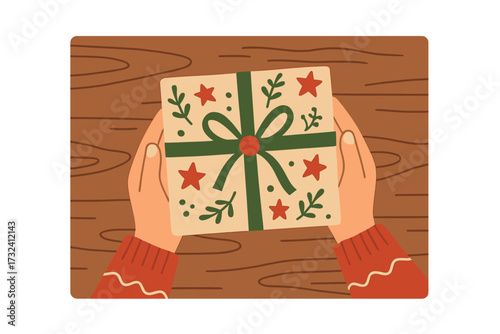 Hands holding Christmas gift box. Top view of a present for Xmas or New Year on a wooden background. Holiday giving and celebration concept. Vector flat hand drawn illustration.