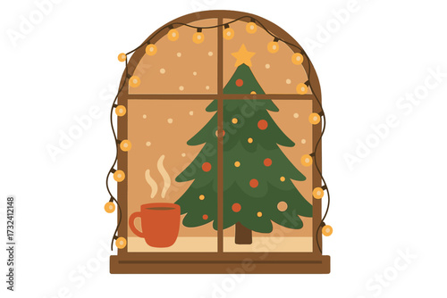 Cozy Christmas window with a decorated tree and snowfall outside. Festive holiday scene with a hot drink on the windowsill and glowing garland lights. Hygge winter concept vector.