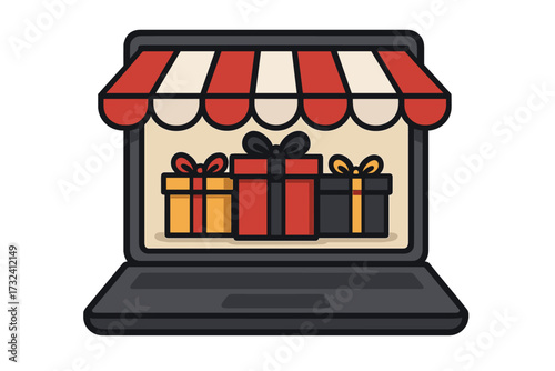 Black Friday sale online shopping vector concept. E-commerce promotion with gift boxes on laptop screen. Digital storefront with awning. Cyber Monday retail and internet business.