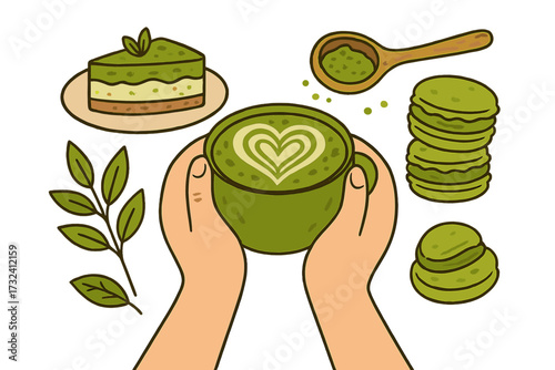 I love you so matcha. Hand-drawn vector set of matcha tea elements. Hands hold a latte cup with heart art, cake, macaron, powder, and leaves. Cute food and drink illustration.