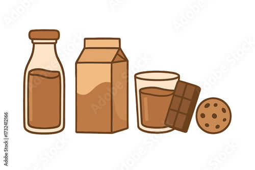 Chocolate milk set with cookie and chocolate bar. Vector cartoon illustration of choco drink in glass, bottle, and carton box. Isolated flat design for breakfast or snack.