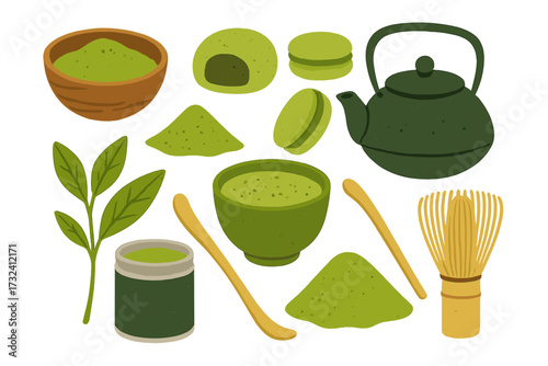 Japanese matcha green tea ceremony set. Includes powder, chawan bowl, teapot, chasen whisk, mochi and macaron dessert. Textured hand drawn vector illustration collection.