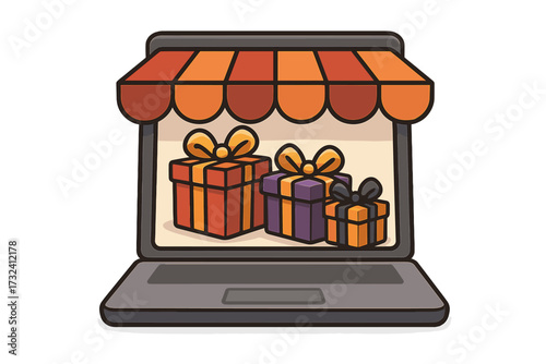 Online shopping concept for Black Friday sale. Laptop as digital storefront with an awning. Gift boxes on screen symbolizing holiday purchases, e-commerce and retail orders.