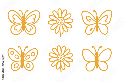 Set of retro hand drawn butterflies and groovy daisy flowers. Collection of minimalist 70s style nature icons. Cute summer insect and floral vector line art illustration.