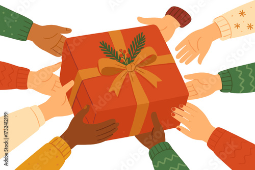 Christmas gift sharing. Diverse hands holding a present box. Holiday giving and charity concept. Xmas celebration, community union, and winter season's greetings. Vector art.