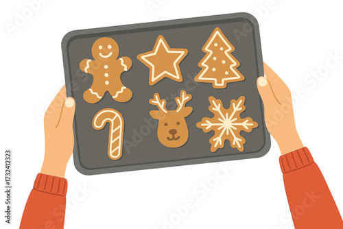 Two female hands holding baking tray with Christmas gingerbread cookies, top view, festive winter holidays traditional food, flat vector illustration, holiday baking concept