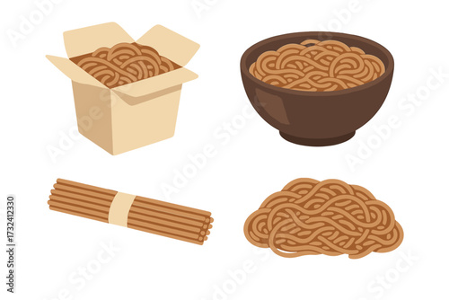 Noodle soba ramen set. Chinese food in takeaway box and bowl. Uncooked and cooked udon pasta. Asian kitchen meal vector illustration. Fast food lunch design element concept.