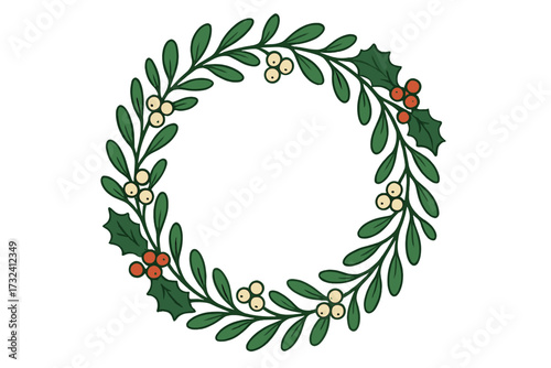Christmas wreath vector illustration. Hand drawn winter holiday frame with mistletoe, holly and berries. Festive circle for greeting card, invitation or seasonal design.