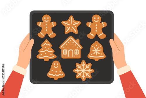 Two hands holding baking tray with Christmas gingerbread cookies assortment, festive holiday treats with gingerbread men, star, tree, house, bell, and snowflake top view vector illustration