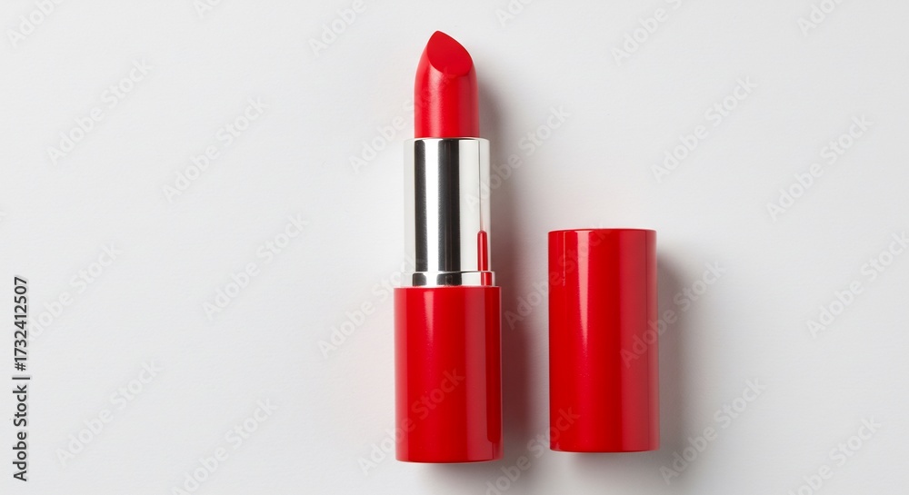 Obraz premium Pintalabios rojo intenso destella con estética minimalista sobre un fondo claro elegante