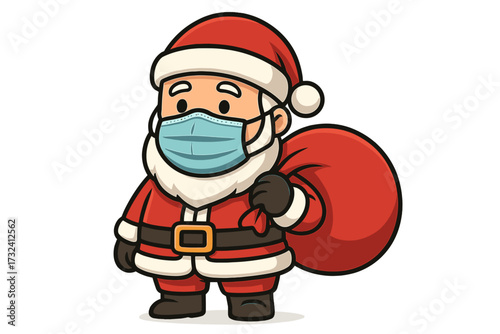 Santa Claus wearing a medical mask for Covid-19 prevention. Cute Christmas character with a protective face mask and red gift bag. Holiday pandemic concept vector icon.