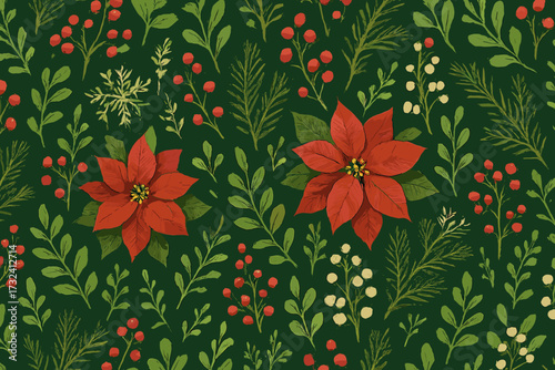 Christmas floral seamless pattern with red poinsettia, holly berries, and winter plants. Vintage holiday decoration background with forest branches and mistletoe on dark green.