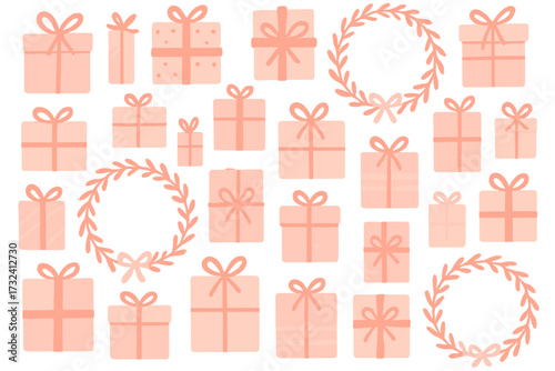 Seamless vector pattern with pink wrapped gifts and wreaths. Creative hand-drawn design for cards, wrapping paper, posters. Festive backdrop for holidays, Christmas, birthday.
