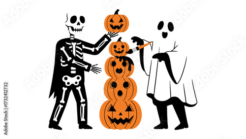 Halloween Gathering: A playful illustration captures the spirit of Halloween with a skeleton and a ghost arranging a stack of carved pumpkins, symbolizing fun, fright, and festivity of the season. 