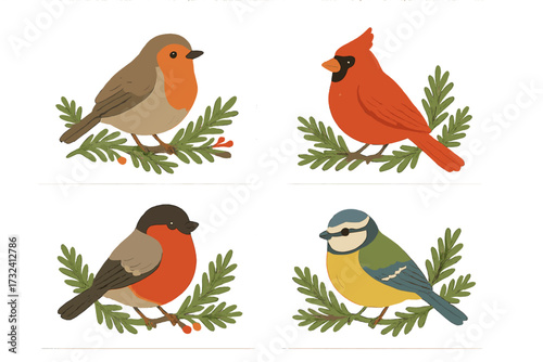 Set of cute Christmas birds on fir tree branches. Vector flat illustration for postcards, prints, and greeting cards. Collection includes robin, cardinal, bullfinch, blue tit.