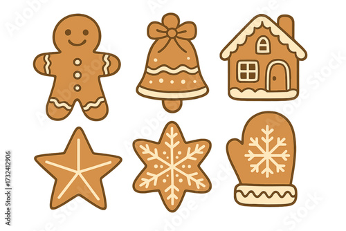 Christmas gingerbread cookies vector set. Cute hand drawn holiday winter sweets collection. Flat doodle illustration with man, house, bell, star, snowflake and mitten shapes.