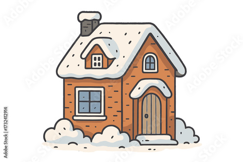 Cozy winter house covered with snow, cute cottage or townhome with snowy roof and chimney, seasonal winter home illustration, isolated vector flat hand-drawn design, easy to recolor