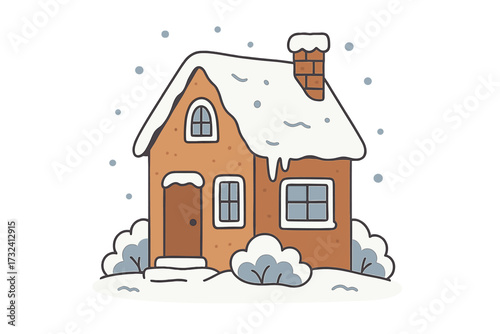 Winter house with snow-covered roof, cozy cottage home in snowy landscape, charming townhome with icicles and bushes, flat vector hand-drawn illustration, easy recolor design