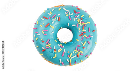 Delicious donut with blue frosting and colorful sprinkles isolated on transparent background, sweet treat for dessert and bakery concepts