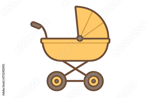 Yellow baby stroller with small wheels flat style illustration, gender-neutral baby carriage, vintage buggy icon, children transport, kid pram, vector graphic