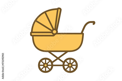 Vintage yellow baby stroller with small wheels flat style icon, gender-neutral baby carriage buggy vector illustration, classic pram for newborn transport