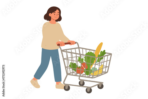 Young Woman in Casual Clothes Shopping with Grocery Cart Filled with Organic Fresh Vegetables and Bread, Pushing Supermarket Trolley, Healthy Lifestyle Illustration Vector
