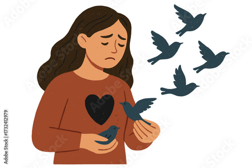 Young sad woman releasing birds from chest hole, emotional healing concept, psychological metaphor of mental health, vulnerability, freedom, healing, release, dependence, manipulation, inner pain