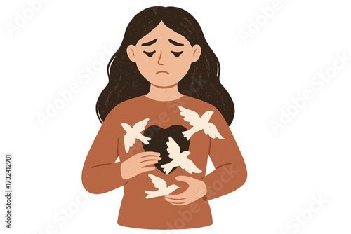 Sad young woman freeing white birds from a hollow heart chest, emotional release concept, mental health metaphor, psychological illustration of healing and dependence