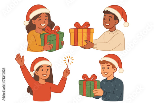 Christmas celebration set with diverse characters. Happy young people giving and receiving holiday presents. Friends in Santa hats exchanging gifts with sparkler vector icon.