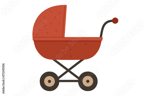 Red baby carriage stroller vector illustration. Cute retro pram for newborn. Child transport icon for baby shower invitation or birth announcement card. Vintage style buggy.