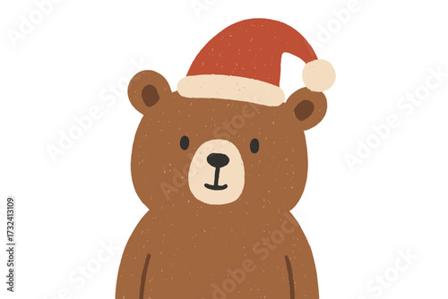 Cute bear in Santa hat. Hand drawn Christmas character. Simple minimalist holiday illustration for greeting card or invitation. Childish flat vector design. Winter animal portrait.