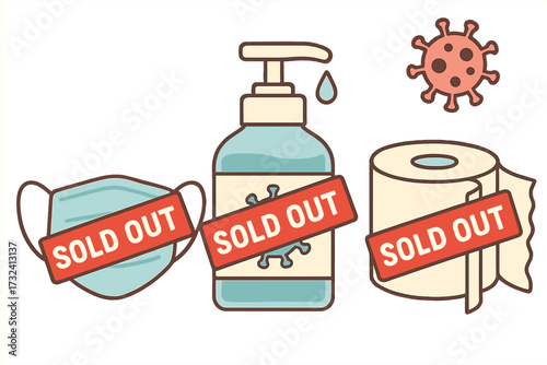 Shortage phenomenon due to Coronavirus outbreak. Pandemic panic buying. Face mask, hand sanitizer, and toilet paper sold out. Lack of essentials vector illustration set.