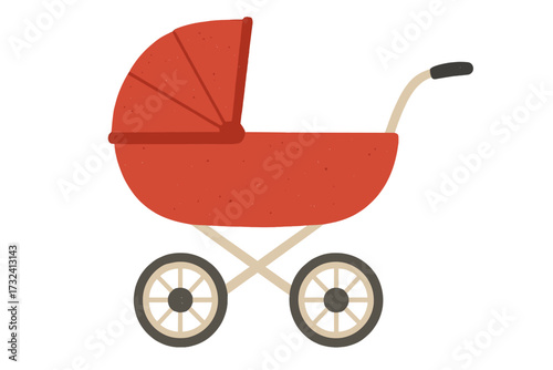 Red baby carriage stroller. Cute child transport pram for newborn. Baby shower invitation card design element. Hand drawn flat vector cartoon illustration isolated on white.