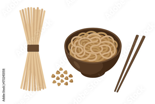 Soba cooking set with raw and boiled buckwheat noodles. Japanese food vector illustration. Soba in a bowl, buckwheat grains, and chopsticks isolated on white background concept.