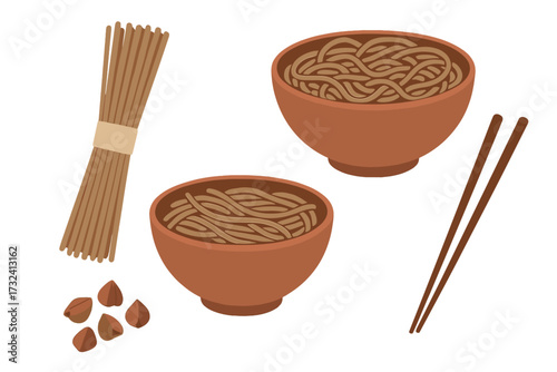 Soba noodle cooking set with raw and boiled buckwheat noodles in a bowl. Japanese cuisine concept with chopsticks and grains. Asian food vector illustration isolated on white.