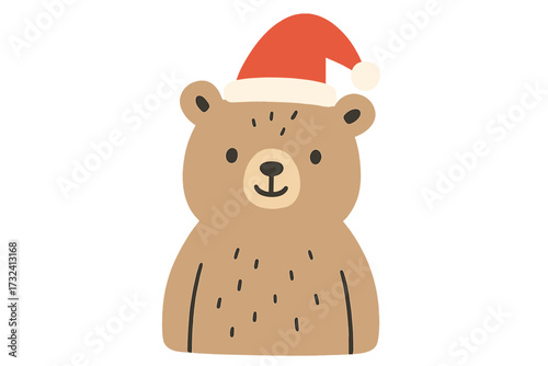 Cute bear in Santa hat. Christmas character illustration. Hand drawn winter holiday animal. Simple minimalist childish style for card, poster, invitation. Xmas graphic element.